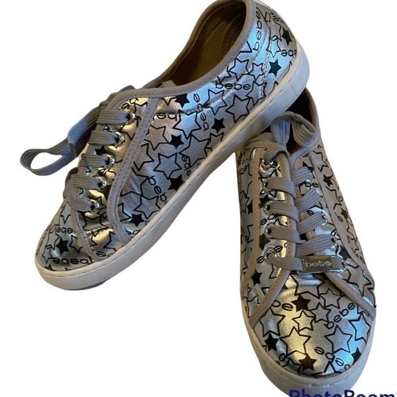 Super Cute Bebe Sneakers! Silver with Stars! Size 8.5 - Picture 1 of 6